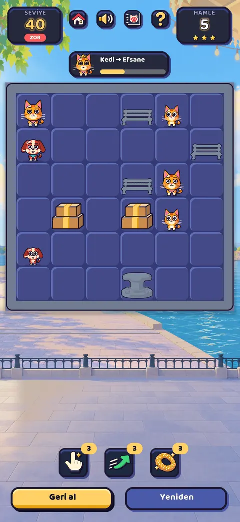 Sokak Efsaneleri: a level board with cats, dogs and obstacles on a seaside promenade