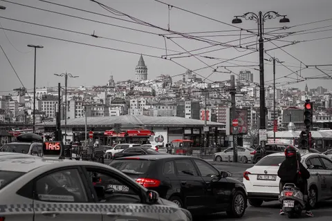 Evening traffic in Karaköy under the tram wires