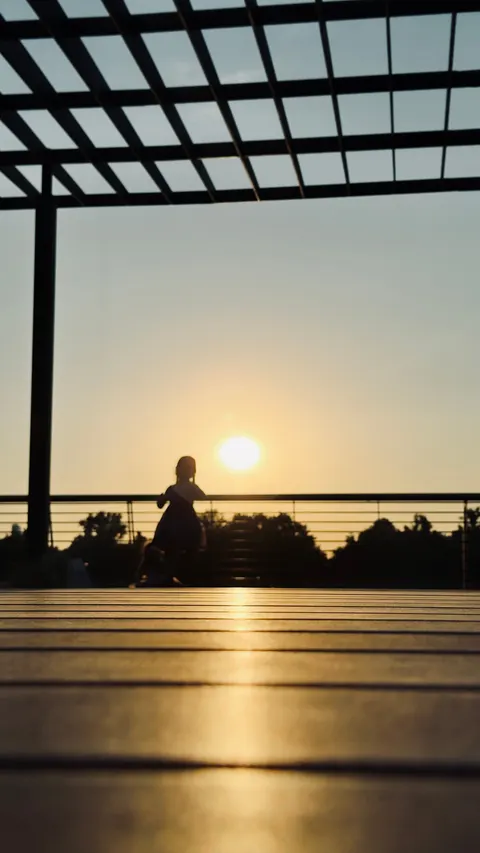A silhouette under a pergola facing the setting sun